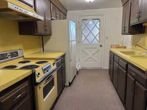 Kitchen featuring electric range oven, under cabinet range hood, light countertops, and dark brown cabinets