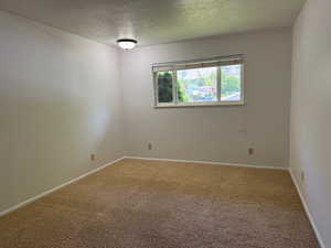 Carpeted empty room featuring a textured ceiling and baseboards
