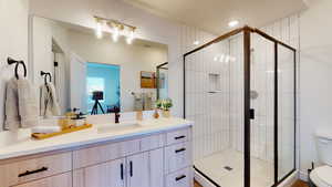 Full bathroom featuring vanity and a shower stall