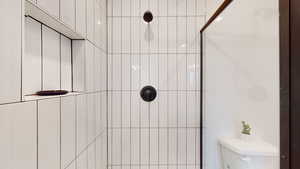 Bathroom with a tile shower and toilet