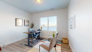 Office area featuring light wood-type flooring