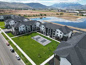 Aerial view of a water and mountain view