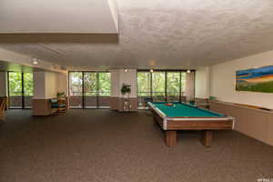 Game room featuring rail lighting, billiards, carpet, a textured ceiling, and healthy amount of natural light