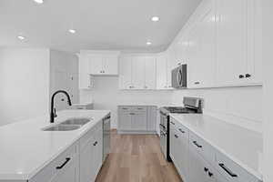 Kitchen with stainless steel appliances, light wood-style floors, recessed lighting, white cabinetry, and a kitchen island with sink
