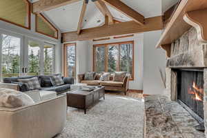 Living area featuring a fireplace and wood finished floors