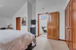 Bedroom featuring light carpet and high vaulted ceiling
