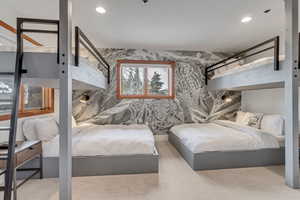 Carpeted bedroom featuring recessed lighting