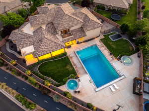 View from above of property featuring a pool