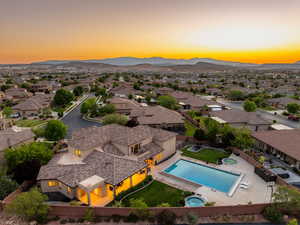 Aerial view of residential area with mountains