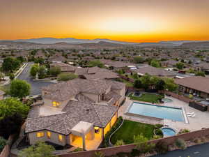 Aerial view of residential area with a mountain backdrop