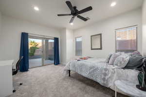 Bedroom with carpet, access to outside, recessed lighting, and ceiling fan