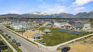 Aerial view of residential area with a mountain backdrop