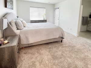 Primary Bedroom featuring light colored carpet ensuite bath walk-in closet and balcony