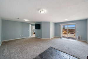 Unfurnished living room with carpet floors, a textured ceiling, and stone finish floors