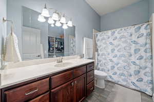 Full bathroom featuring vanity and a shower with shower curtain