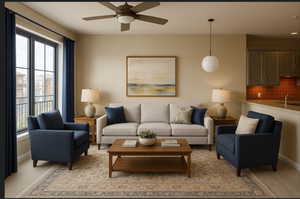 Living room featuring ceiling fan and light carpetAI Rendering