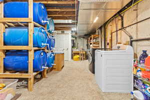 Unfinished below grade area with washer and dryer and light colored carpet