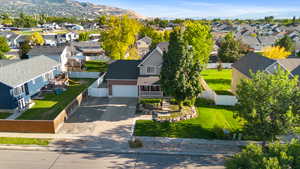 Aerial view of residential area with mountains