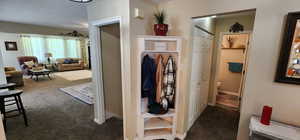 Hall featuring dark colored carpet