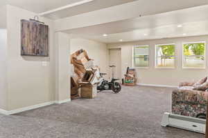 Living area with carpet floors and recessed lighting