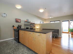 Kitchen featuring black range, baseboards, dark countertops, light brown cabinets, and a peninsula