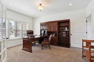 Home office featuring light carpet and recessed lighting