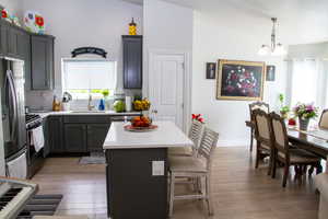 Kitchen with stainless steel appliances, light wood-type flooring, a kitchen bar, backsplash, and light countertops