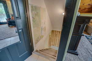Stairs featuring wood walls, carpet flooring, and lofted ceiling