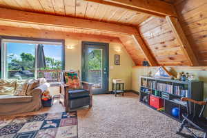 Carpeted living room featuring wood ceiling