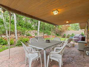 Fenced backyard with a patio area, outdoor dining area, and grilling area
