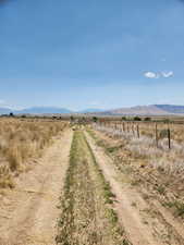 View of dirt / gravel road featuring a view of rural / pastoral area and a mountain view