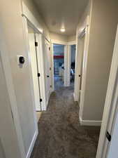 Hall featuring carpet floors and baseboards