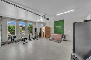 Workout room with a garage