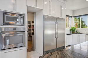 Kitchen featuring built in appliances, white cabinets, tasteful backsplash, dark stone countertops, and modern cabinets