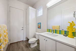 Bathroom featuring wood finished floors and vanity