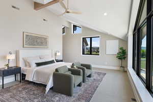 Carpeted bedroom with high vaulted ceiling, recessed lighting, beamed ceiling, and a ceiling fan