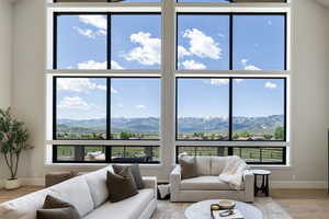 Living area with wood finished floors, a mountain view, and healthy amount of natural light