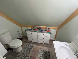 Bathroom with wood finished floors and vaulted ceiling