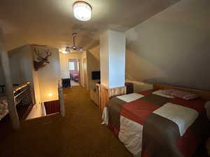 Carpeted bedroom with vaulted ceiling