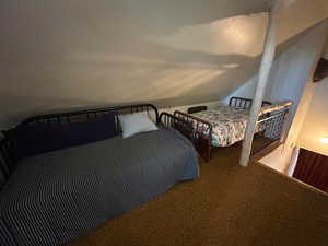 Carpeted bedroom featuring vaulted ceiling
