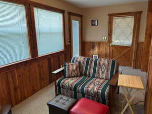 Living area featuring carpet, wooden walls, and wainscoting