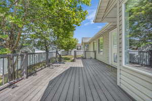 Wooden deck with a fenced backyard