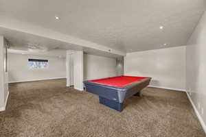 Playroom with carpet flooring, a textured ceiling, billiards table, and recessed lighting