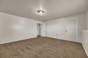 Unfurnished room with carpet and a textured ceiling