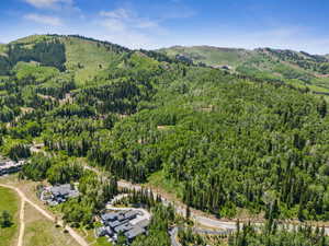 Aerial view of property's location featuring a forest and a mountainous background
