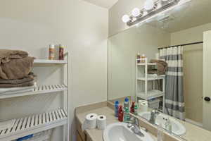 Full bathroom with vanity and curtained shower