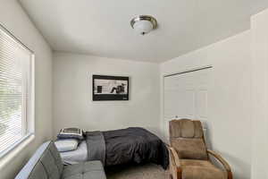 Carpeted bedroom featuring a closet