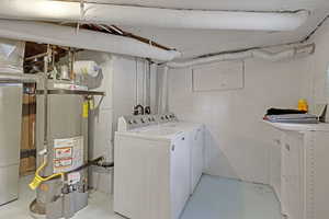 Laundry area with secured water heater and washer and clothes dryer