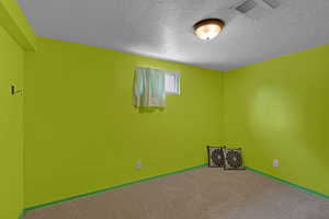 Unfurnished room with a textured ceiling and carpet flooring
