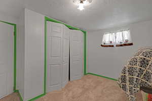 Bedroom featuring carpet floors, a textured ceiling, and a closet